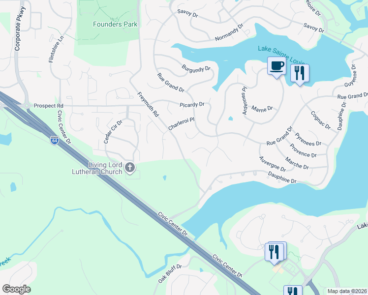 map of restaurants, bars, coffee shops, grocery stores, and more near 12 Nantua Court in Lake Saint Louis