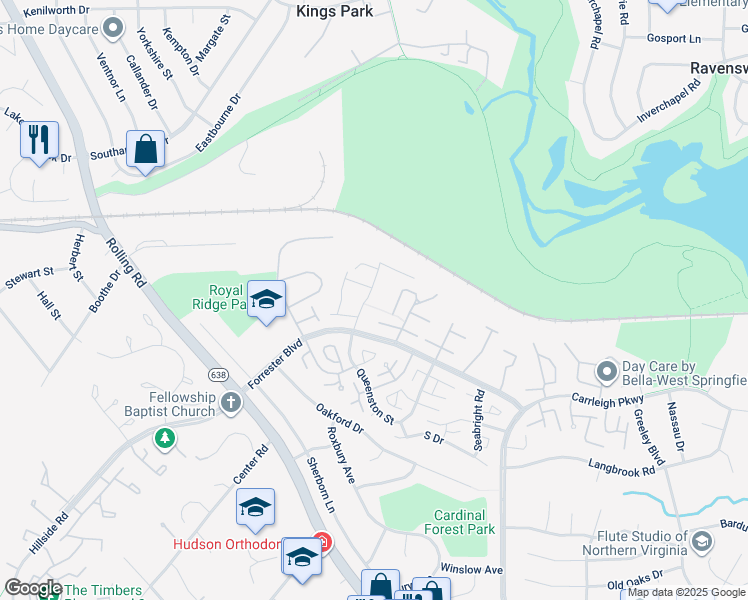 map of restaurants, bars, coffee shops, grocery stores, and more near 5821 Rexford Drive in Springfield