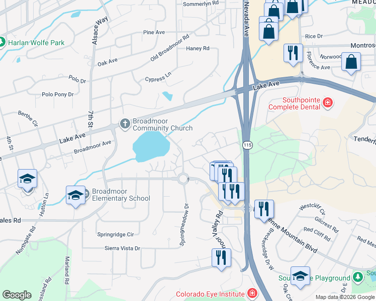 map of restaurants, bars, coffee shops, grocery stores, and more near 102 Miramar Drive in Colorado Springs