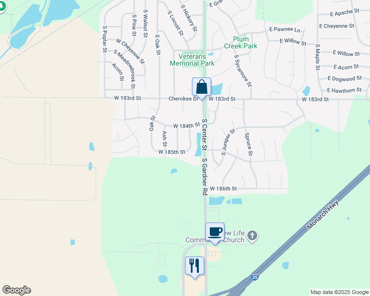 map of restaurants, bars, coffee shops, grocery stores, and more near 29604 West 185th Street in Gardner