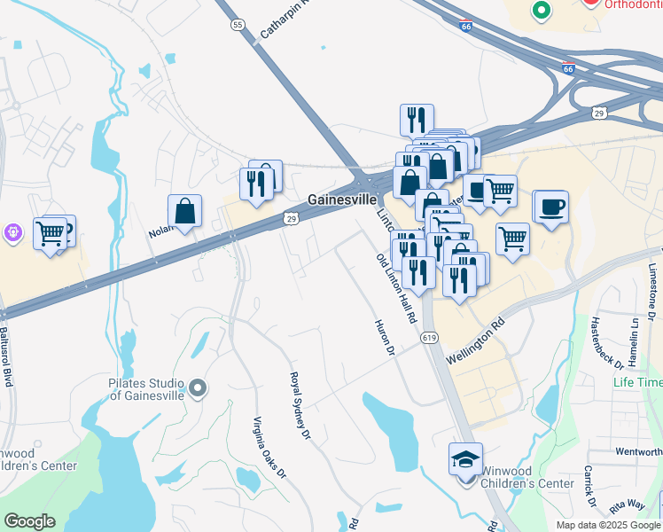 map of restaurants, bars, coffee shops, grocery stores, and more near 7580 Huron Drive in Gainesville