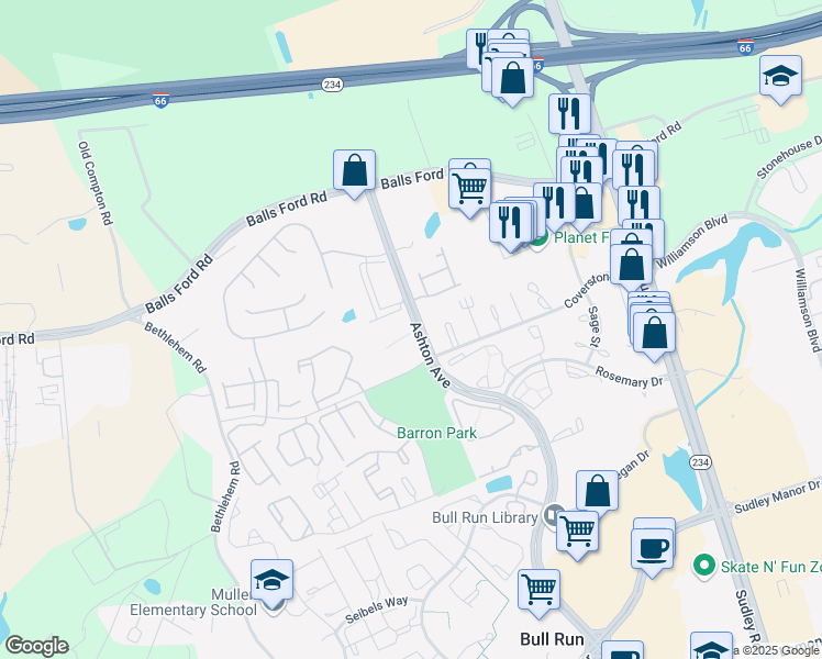 map of restaurants, bars, coffee shops, grocery stores, and more near 7577 Margate Court in Manassas