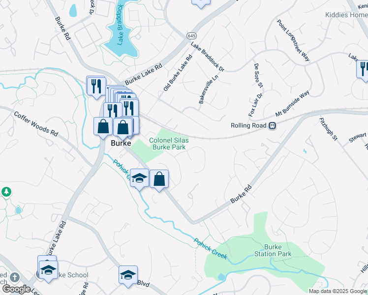 map of restaurants, bars, coffee shops, grocery stores, and more near 9348 Kite Street in Burke