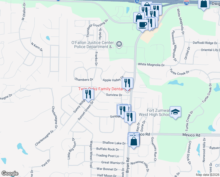 map of restaurants, bars, coffee shops, grocery stores, and more near 105 Amberway Court in O'Fallon