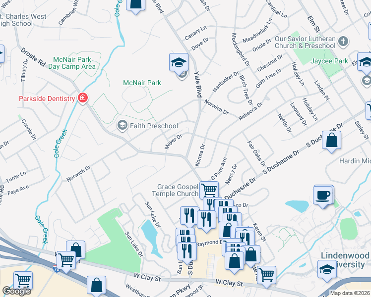 map of restaurants, bars, coffee shops, grocery stores, and more near 2702 Droste Road in Saint Charles