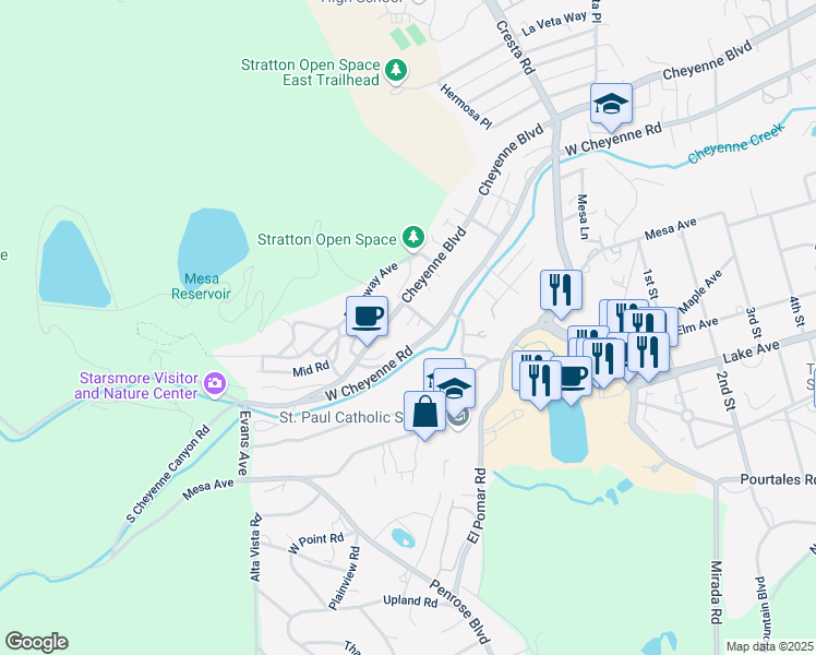 map of restaurants, bars, coffee shops, grocery stores, and more near 5 Normandy Circle in Colorado Springs