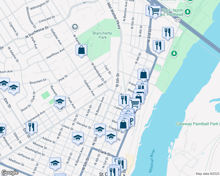 map of restaurants, bars, coffee shops, grocery stores, and more near 1506 West Randolph Street in Saint Charles