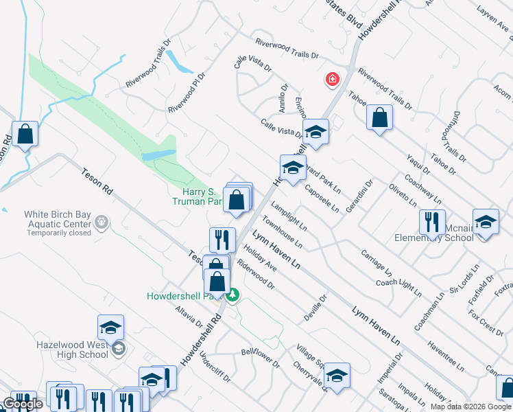 map of restaurants, bars, coffee shops, grocery stores, and more near 2130 Lundy Drive in Florissant