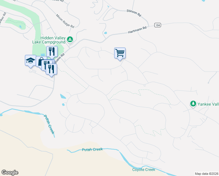map of restaurants, bars, coffee shops, grocery stores, and more near 19552 Powder Horn Road in Hidden Valley Lake