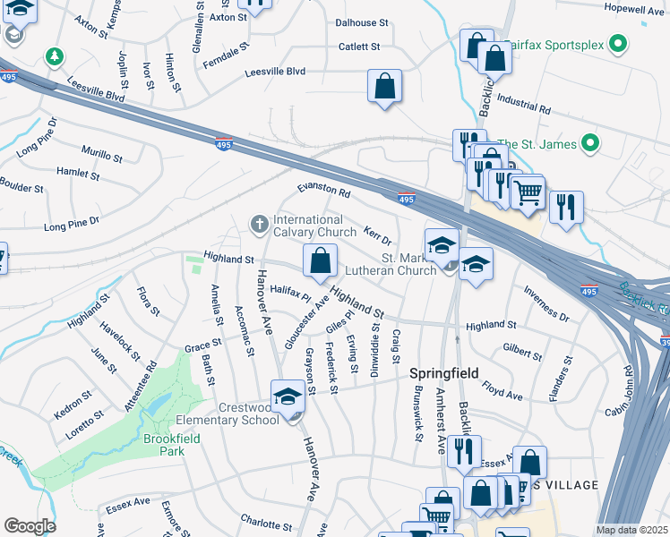 map of restaurants, bars, coffee shops, grocery stores, and more near 7202 Reservoir Road in Springfield