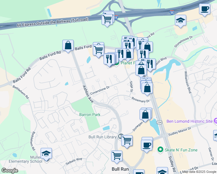 map of restaurants, bars, coffee shops, grocery stores, and more near 10939 Coverstone Drive in Manassas