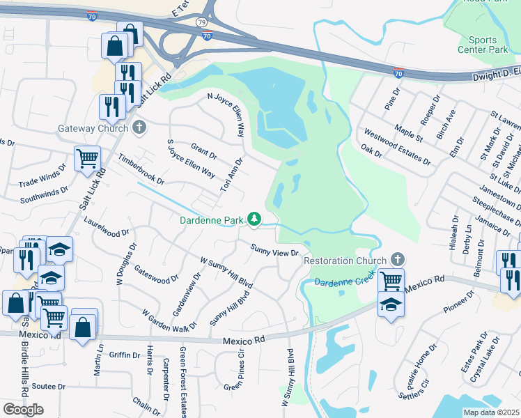 map of restaurants, bars, coffee shops, grocery stores, and more near 167 Dew Court in St. Peters