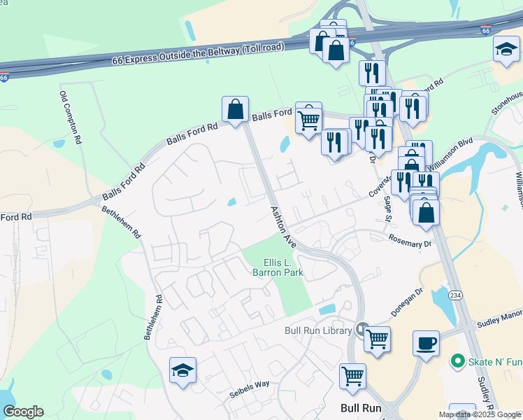map of restaurants, bars, coffee shops, grocery stores, and more near 7500 Margate Court in Manassas