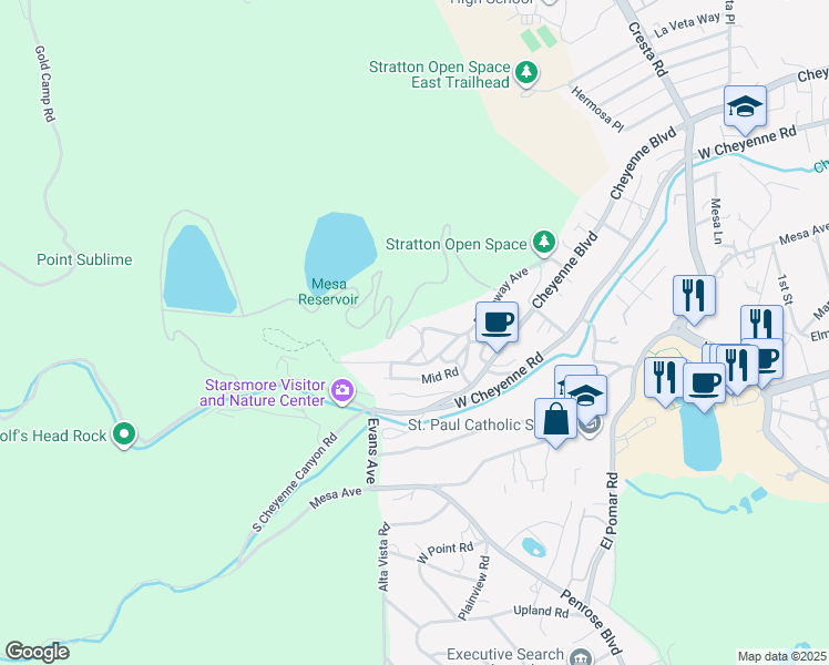 map of restaurants, bars, coffee shops, grocery stores, and more near 309 Altura Way in Colorado Springs