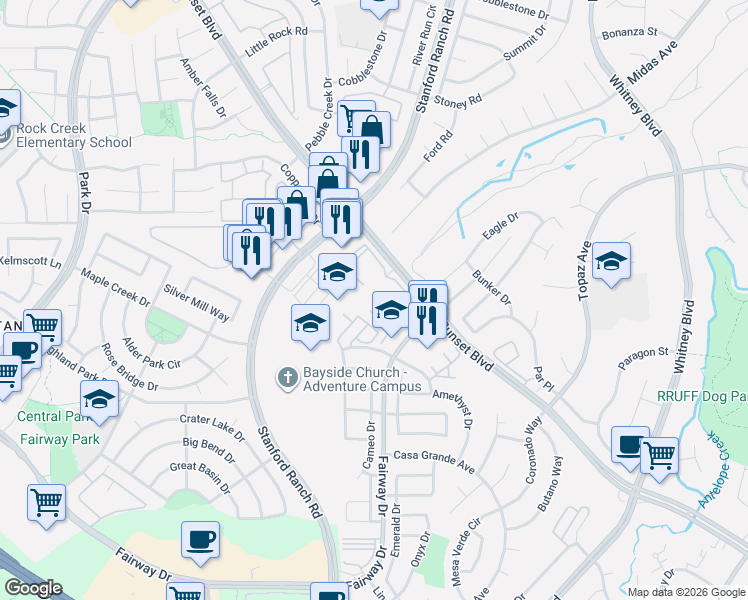 map of restaurants, bars, coffee shops, grocery stores, and more near 2405 Zephyr Cove in Rocklin
