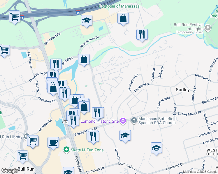 map of restaurants, bars, coffee shops, grocery stores, and more near 7415 Rokeby Drive in Manassas