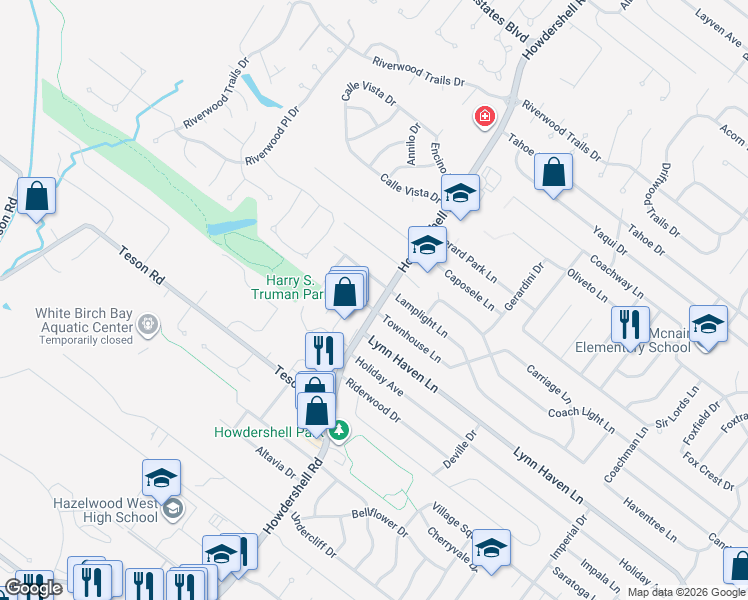map of restaurants, bars, coffee shops, grocery stores, and more near 2130 Lundy Drive in Florissant