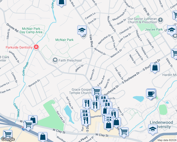 map of restaurants, bars, coffee shops, grocery stores, and more near 2702 Droste Road in Saint Charles