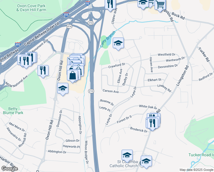 map of restaurants, bars, coffee shops, grocery stores, and more near 721 Shelby Drive in Oxon Hill