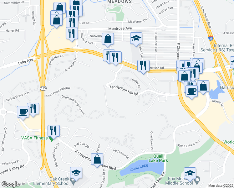 map of restaurants, bars, coffee shops, grocery stores, and more near 835 Tenderfoot Hill Road in Colorado Springs