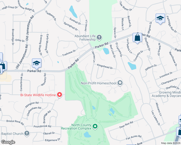 map of restaurants, bars, coffee shops, grocery stores, and more near 12001 Jerries Lane in Florissant