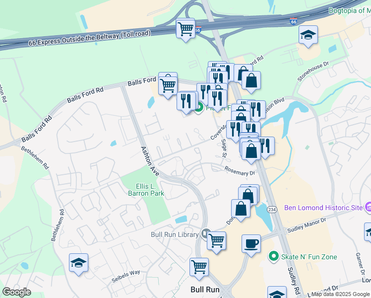 map of restaurants, bars, coffee shops, grocery stores, and more near 10937 Coverstone Drive in Manassas