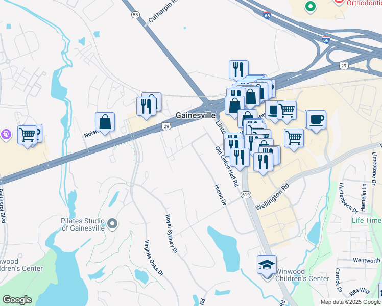 map of restaurants, bars, coffee shops, grocery stores, and more near 7580 Huron Drive in Gainesville