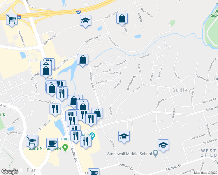 map of restaurants, bars, coffee shops, grocery stores, and more near 7401 Rokeby Drive in Manassas