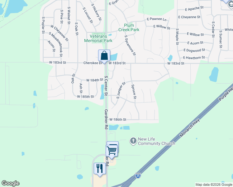 map of restaurants, bars, coffee shops, grocery stores, and more near 18500 Juniper Street in Gardner
