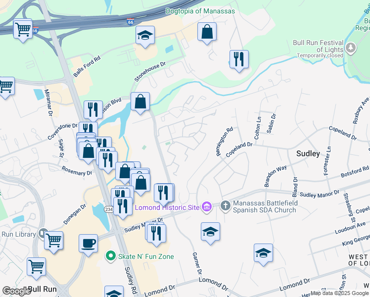 map of restaurants, bars, coffee shops, grocery stores, and more near 7401 Rokeby Drive in Manassas