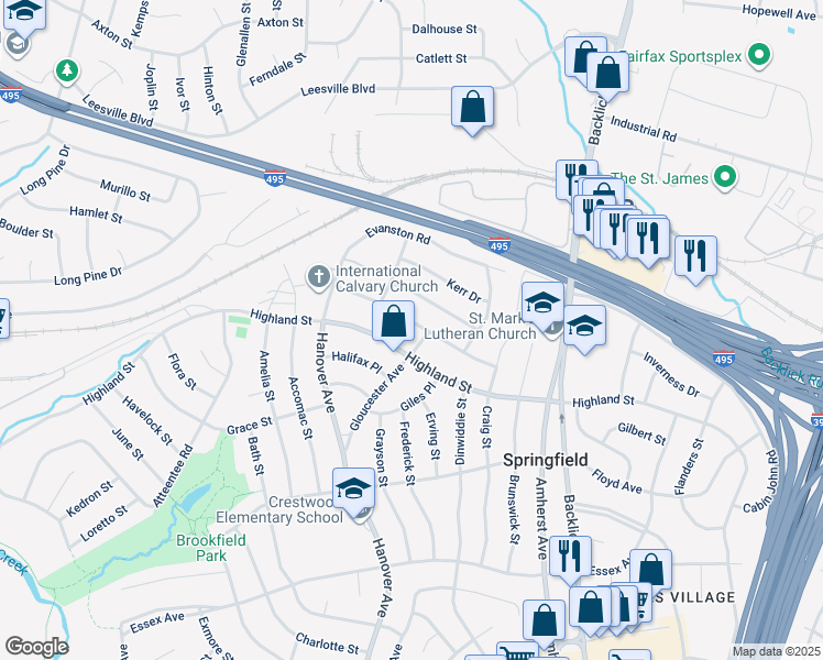 map of restaurants, bars, coffee shops, grocery stores, and more near 7202 Reservoir Road in Springfield