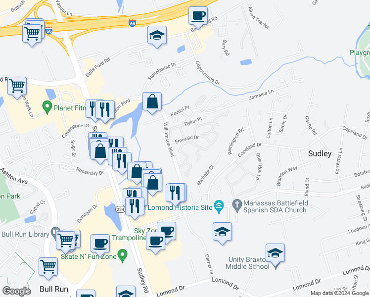 map of restaurants, bars, coffee shops, grocery stores, and more near 7517 Belle Grae Drive in Manassas