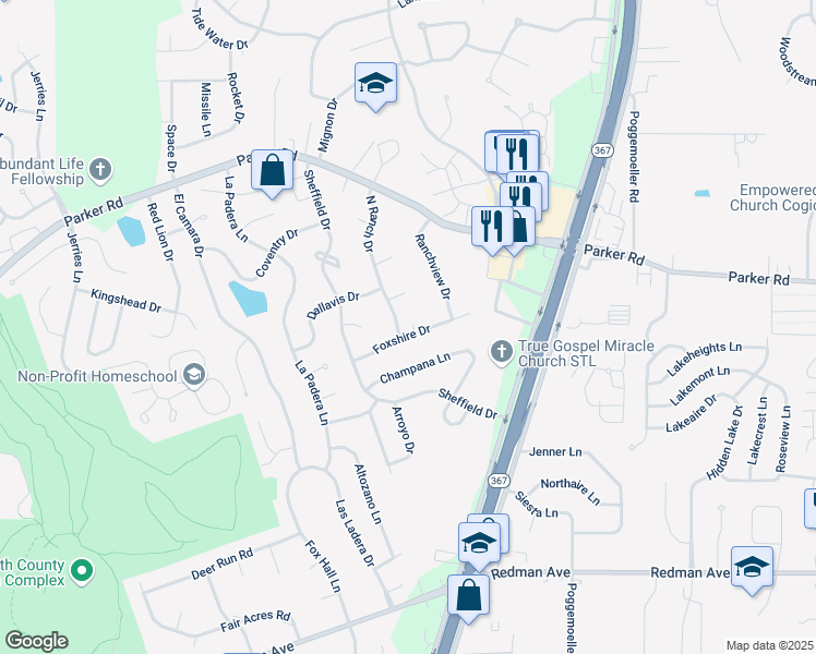 map of restaurants, bars, coffee shops, grocery stores, and more near 6725 Foxshire Drive in Florissant