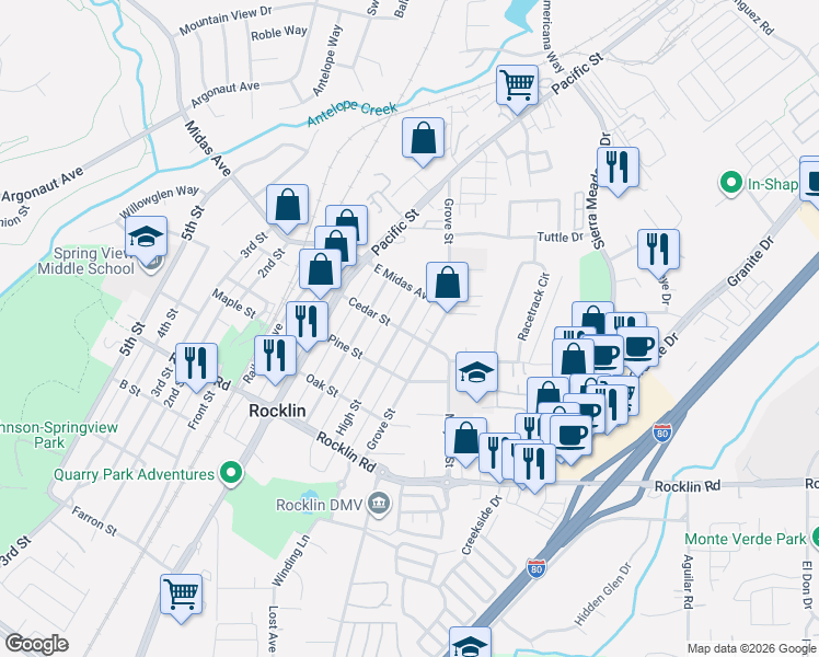 map of restaurants, bars, coffee shops, grocery stores, and more near 4880 Grove Street in Rocklin