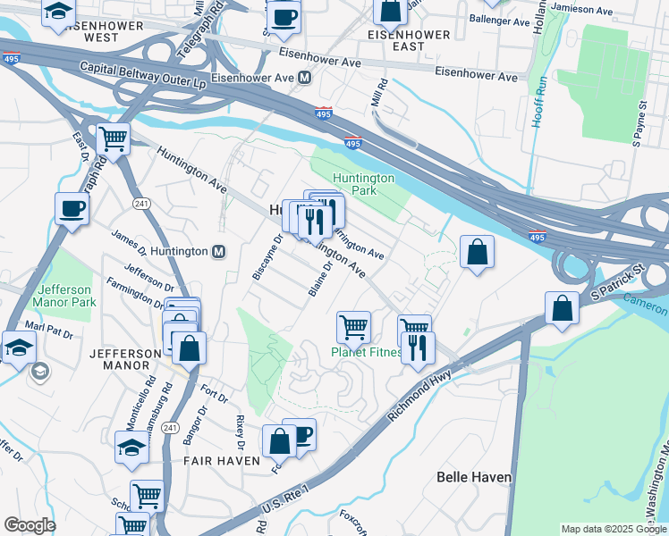 map of restaurants, bars, coffee shops, grocery stores, and more near 5807 Blaine Drive in Alexandria