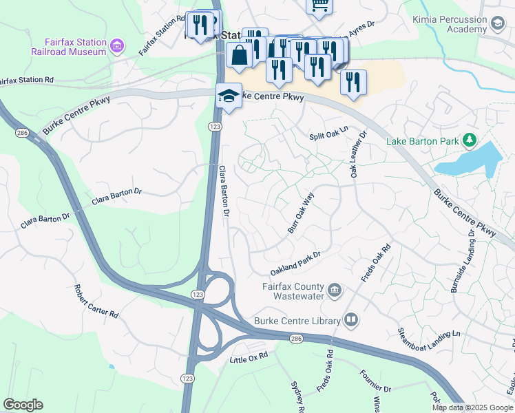 map of restaurants, bars, coffee shops, grocery stores, and more near 10925 Carters Oak Way in Burke