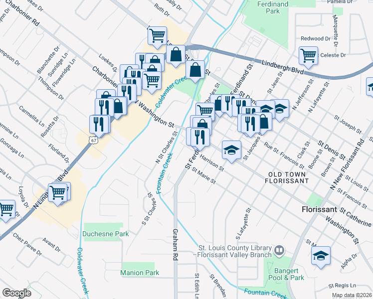 map of restaurants, bars, coffee shops, grocery stores, and more near 14 Louise Court in Florissant