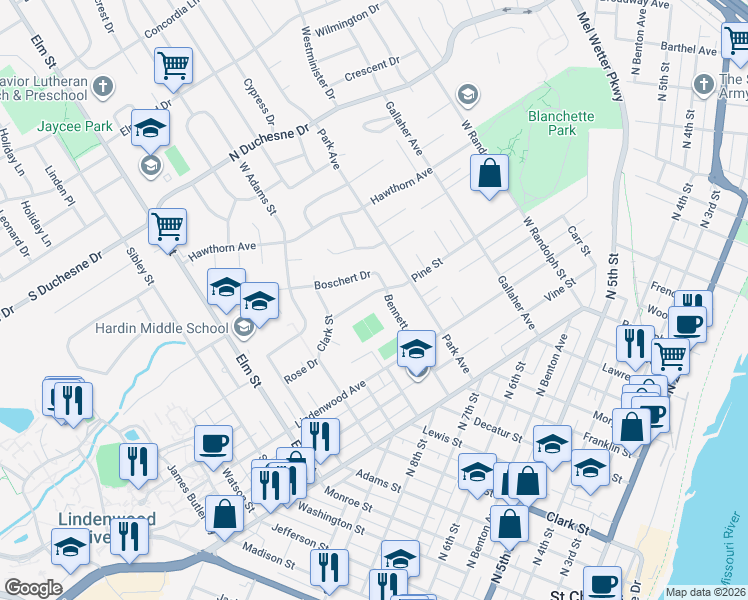 map of restaurants, bars, coffee shops, grocery stores, and more near 720 Pine Street in Saint Charles