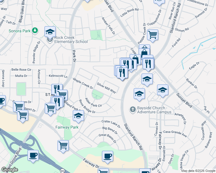 map of restaurants, bars, coffee shops, grocery stores, and more near 6656 Silver Mill Way in Roseville