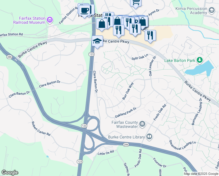 map of restaurants, bars, coffee shops, grocery stores, and more near 10925 Carters Oak Way in Burke