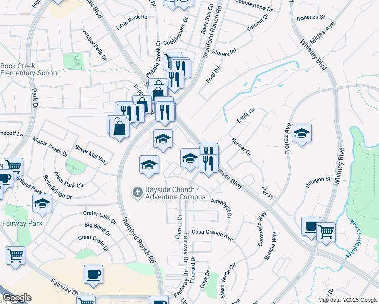 map of restaurants, bars, coffee shops, grocery stores, and more near 2909 Beachcomber Drive East in Rocklin
