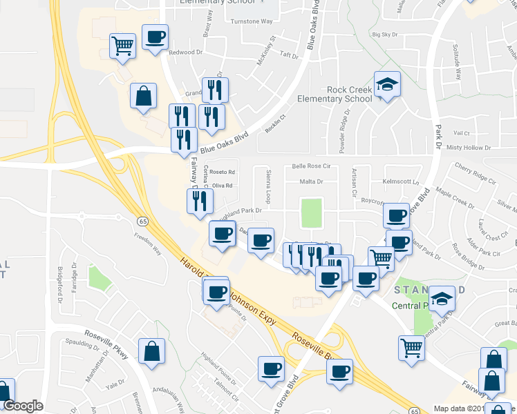 map of restaurants, bars, coffee shops, grocery stores, and more near 8297 Sienna Loop in Roseville