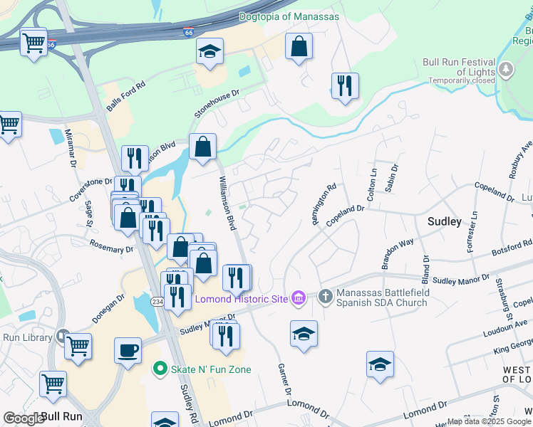 map of restaurants, bars, coffee shops, grocery stores, and more near 7403 Rokeby Drive in Manassas