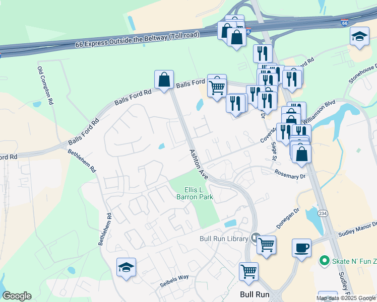 map of restaurants, bars, coffee shops, grocery stores, and more near 7577 Margate Court in Manassas