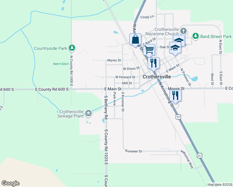 map of restaurants, bars, coffee shops, grocery stores, and more near 307 Park Avenue in Crothersville