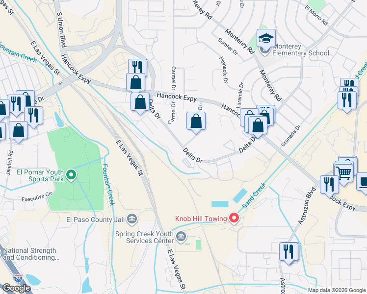 map of restaurants, bars, coffee shops, grocery stores, and more near 4909 Durango Drive in Colorado Springs
