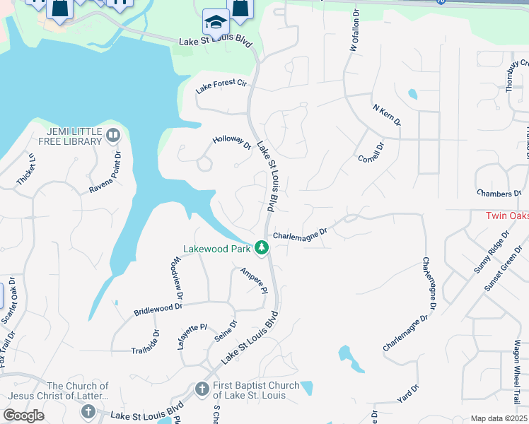 map of restaurants, bars, coffee shops, grocery stores, and more near 603 Lakewood Drive in Lake Saint Louis