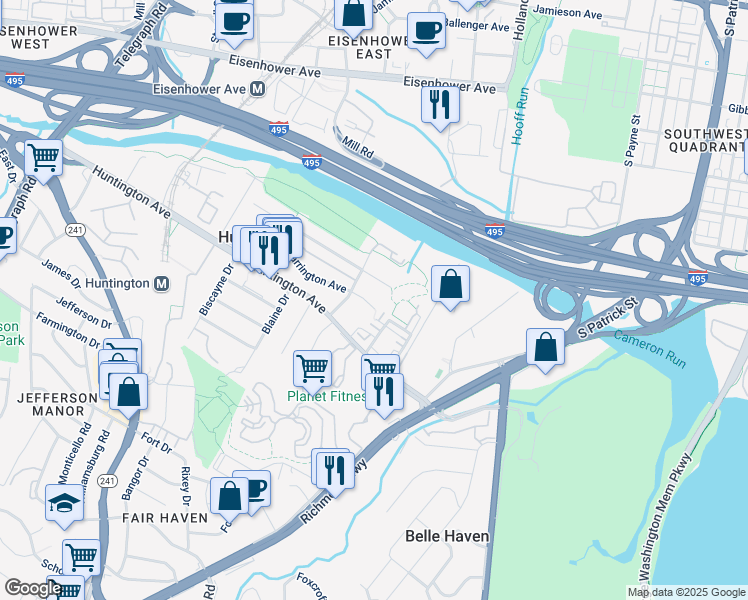 map of restaurants, bars, coffee shops, grocery stores, and more near 2106 Farrington Avenue in Alexandria