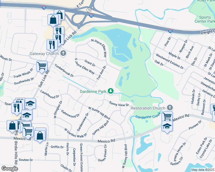 map of restaurants, bars, coffee shops, grocery stores, and more near 167 Dew Court in St. Peters