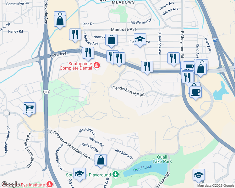 map of restaurants, bars, coffee shops, grocery stores, and more near 835 Tenderfoot Hill Road in Colorado Springs